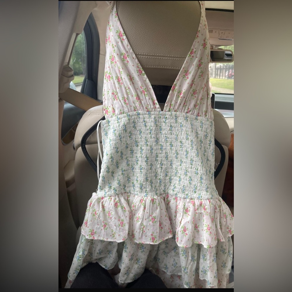New! White Floral Smocked Tiered Mini Dress